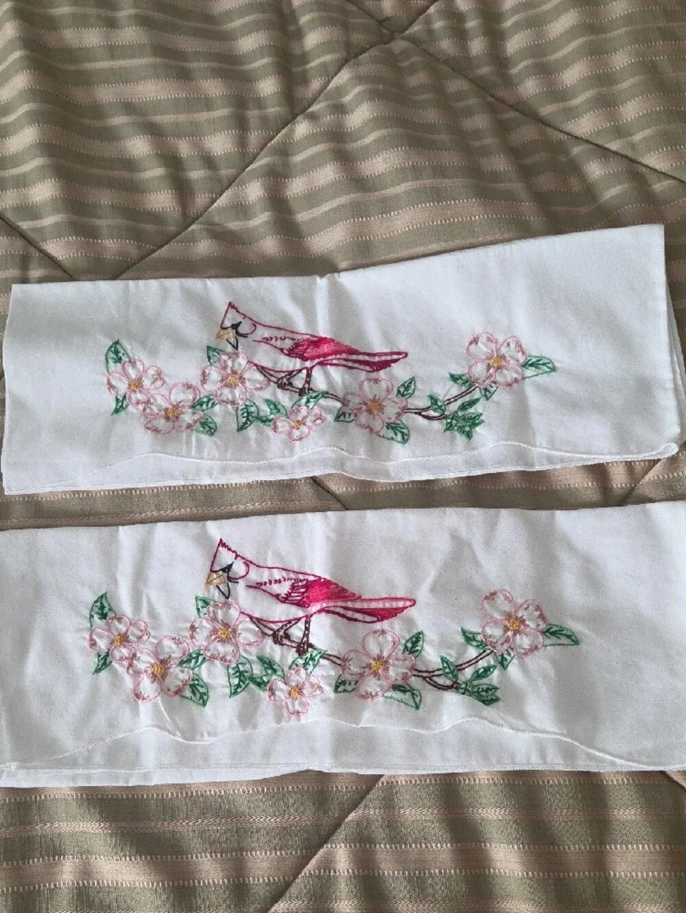 Hand Embroidered Bird & Floral White Standard Pillow Cases Vintage